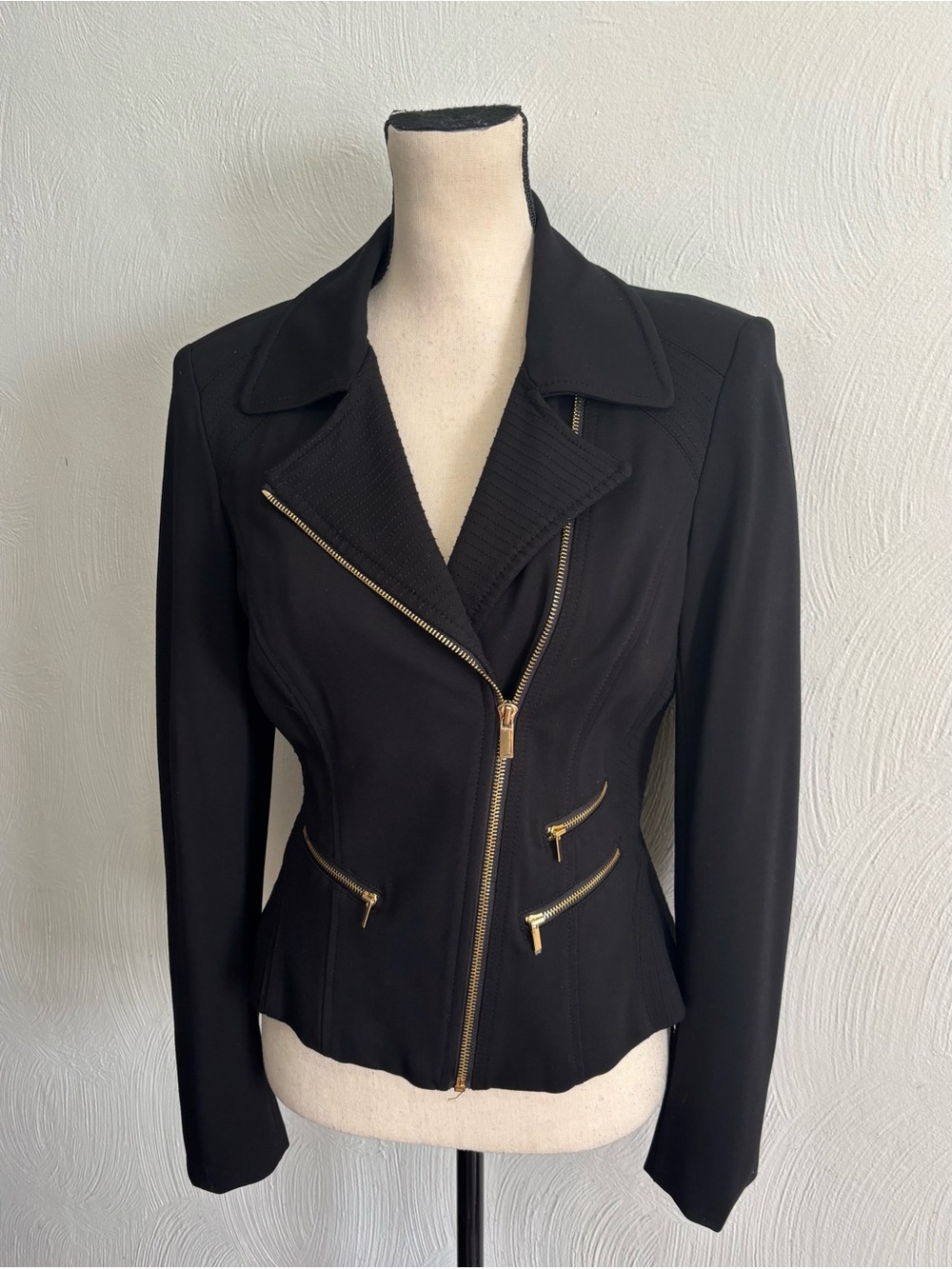 CACHE Black Asymmetrical Zip Moto Jacket Gold Zipper Accents Size 6